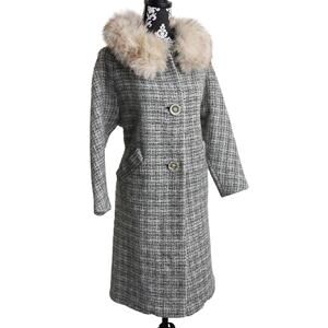 50s/60s Vintage Charles Grey Tweed Midi Boucle Wool Coat With Fox Fur Collar